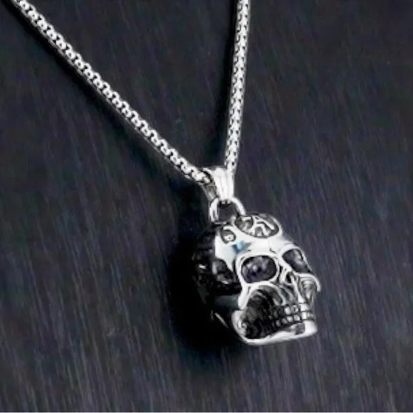 Skull Necklace 27.5 inches in Black Oxidized Stainless Steel